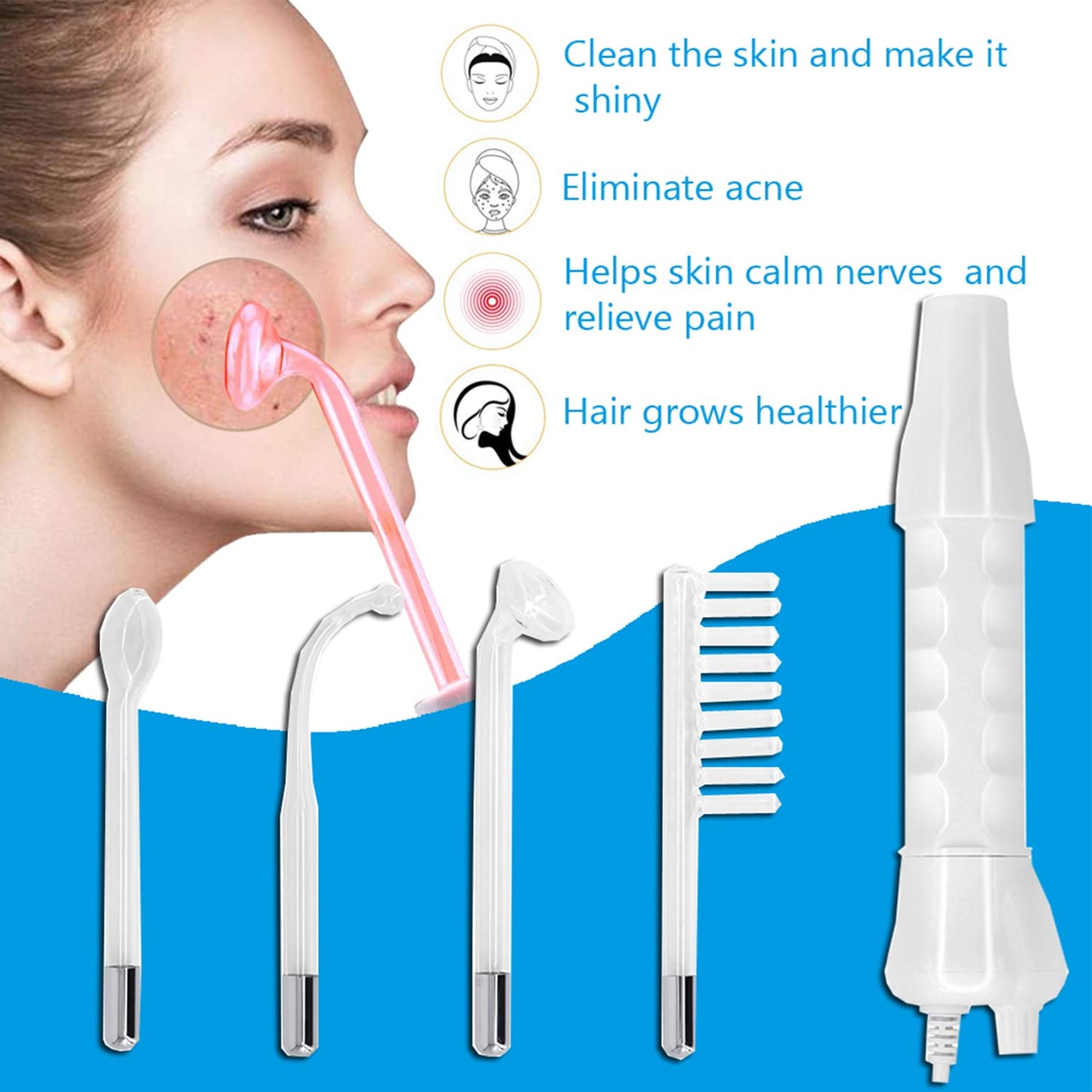 Beauenty Handheld Red Light Electrotherapy High Frequency Facial Machine, 4 in 1 High Frequency Facial Machine, Portable Skin Therapy Machine with 4 Glass Tubes & Wands - Handheld High Frequency Wand