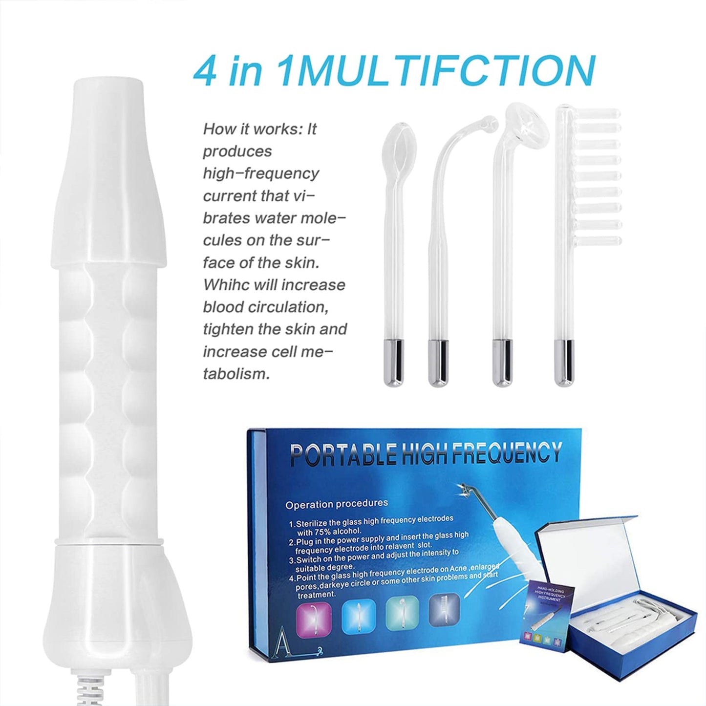 Beauenty Handheld Red Light Electrotherapy High Frequency Facial Machine, 4 in 1 High Frequency Facial Machine, Portable Skin Therapy Machine with 4 Glass Tubes & Wands - Handheld High Frequency Wand